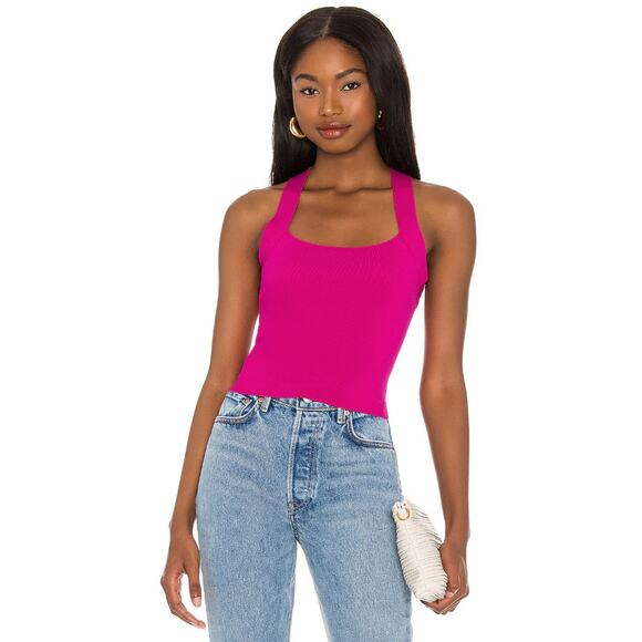 NBD Revolve Fuchsia Pink Tia Criss Cross Tie Back Ribbed Jersey Cut Out Top - Picture 2 of 10